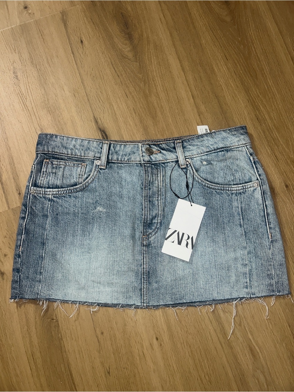ZARA Light Blue Denim Frayed Hem Mini Skirt